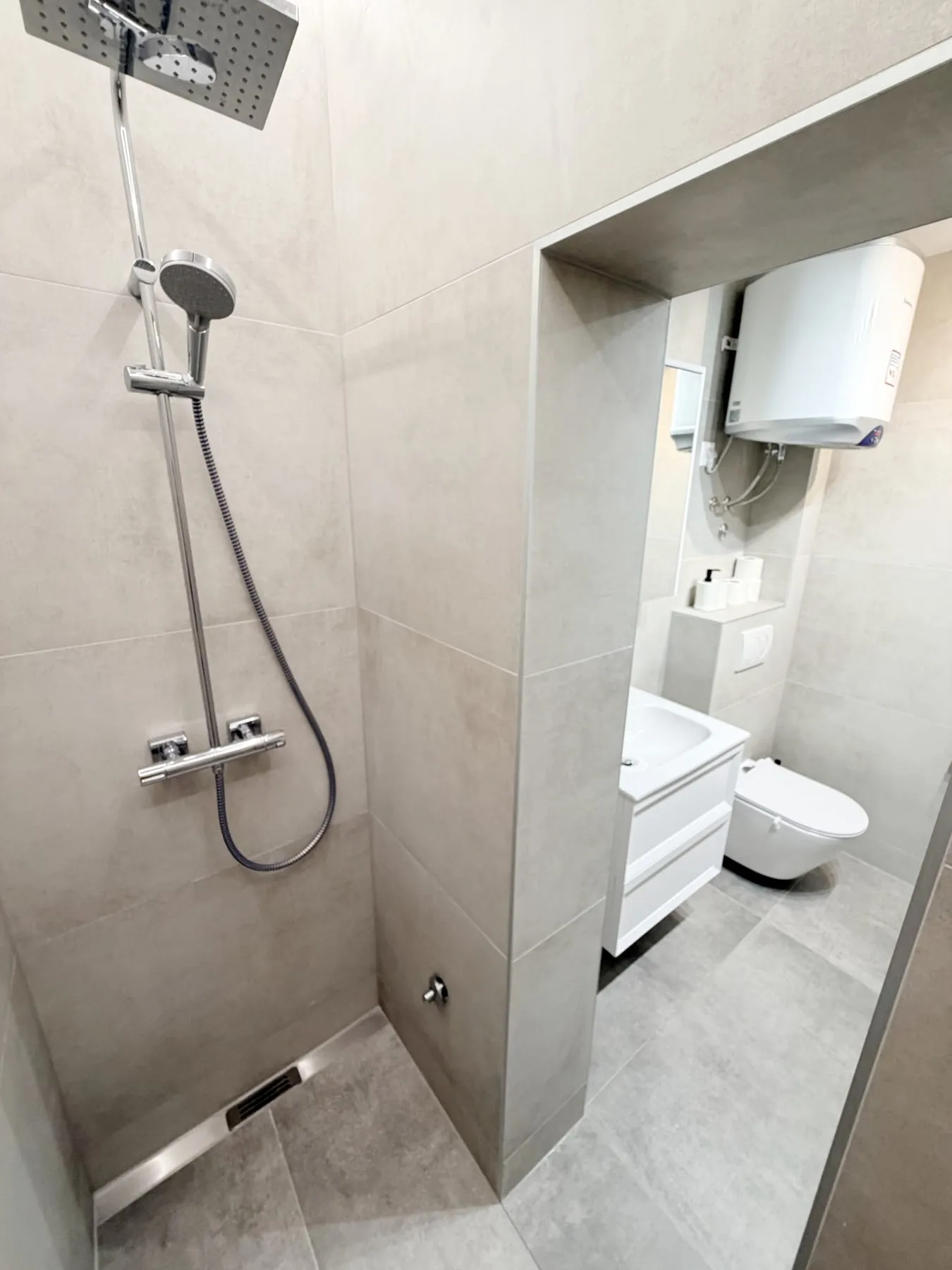 Walk-in shower with an overhead and a handheld head, and the basin through the doorway
