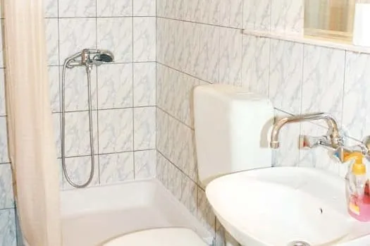 Shower with a hand shower on the wall behind a curtain, beside a basin with chrome taps