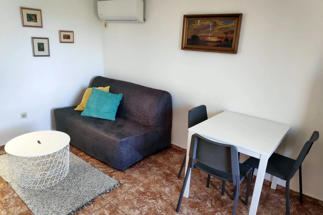 Grey sofa with a round coffee table on a rug, and a white dining table with chairs